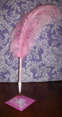 #ad *BABY GIRL* PINK FEATHER PEN amp; *BABY* GLASS BASE CUTE $17.00