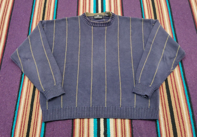 #ad Vintage STRUCTURE Navy Blue Gold Pinstriped Knit Crewneck Sweater Men#x27;s Sz Large $19.99