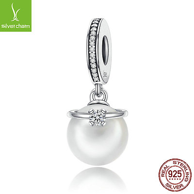 #ad Women Romantic Charm 925 Sterling White Pearl amp; Clear CZ Crown Dangle Charm Bead $9.99