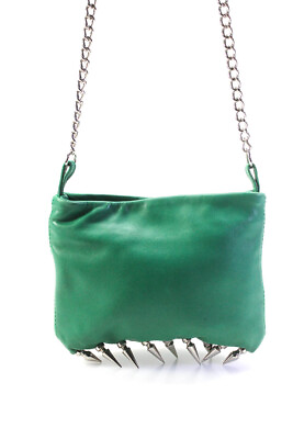 #ad Horse Nail Womens Leather Silver Tone Studded Chain Crossbody Green Handbag $48.79