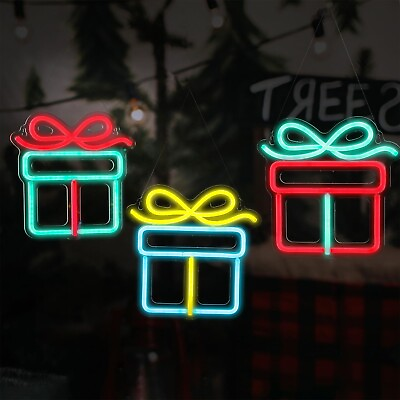 #ad 3 Pcs Christmas Neon Sign Christmas Neon Lights Gift Box Neon LED Lights USB... $66.78