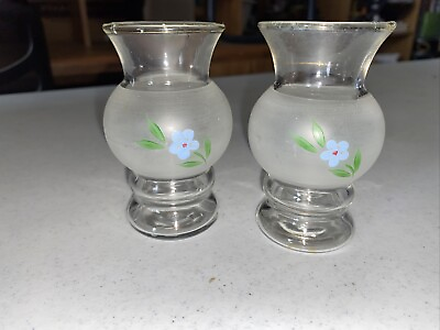 #ad 2 Vintage 4quot; Clear and frosted Glass Bud Vases Handpainted flower $19.99