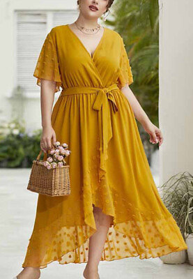 #ad Plus Size Swiss Dot Mesh Detail Dress Yellow $26.99