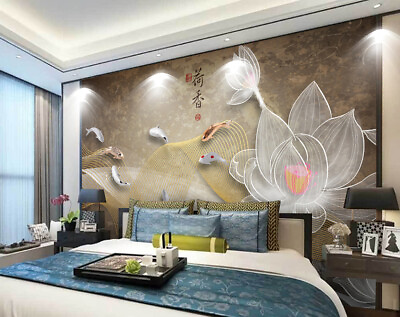 #ad 3D Fish Lotus O311 Wallpaper Wall Mural Removable Self adhesive Sticker Kids Amy AU $256.99