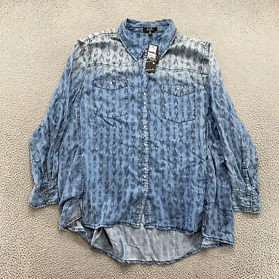 #ad Earl Jean Women’s Blue Denim Pearl Snap Long Sleeve Pocket Top in Size 2X NEW $19.99