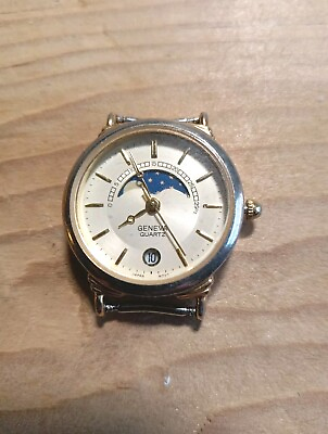 #ad Rare Geneva Quartz Moon Phase Ladies wristwatch White Dial Tone Of Gold $50.00