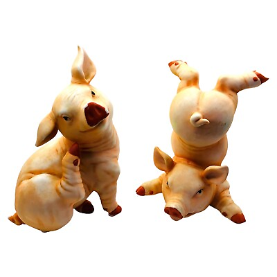 #ad Porcelain Pig Figurine Set of 2 Lifelike Upside Down and Sitting 5 to 6” Tall $9.09