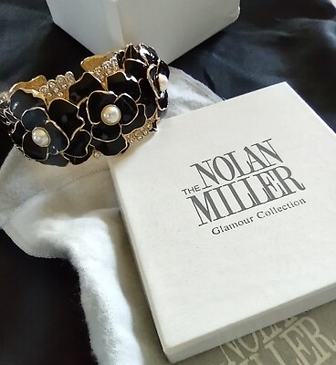 #ad Vintage Nolan Miller Black Enamel Flowers Hinged Cuff Bracelet Faux Pearls Bling $95.00