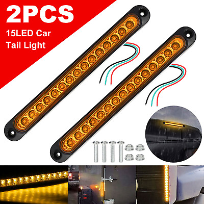 #ad 2pcs Amber 15 LED Sealed Strip Truck Trailer Rear Stop Tail Turn Brake Light Bar $12.48