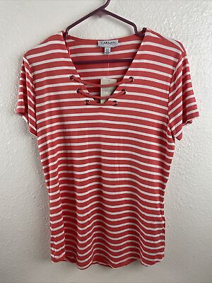 #ad Carmen Marc Valvo Woman’s Striped Short Sleeve Top NWT Sz. Small Red amp; White $15.99