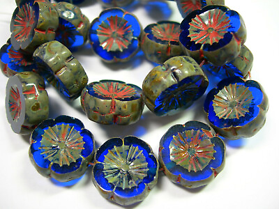 #ad 10 beads Sapphire Blue Picasso Czech Glass Flower Beads 14mm $6.99