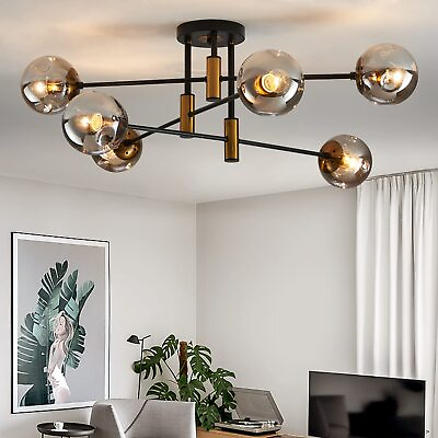 #ad 6 Light Glass Globe Sputnik Chandelier Modern Matte Black and Gold Ceiling Li... $128.85
