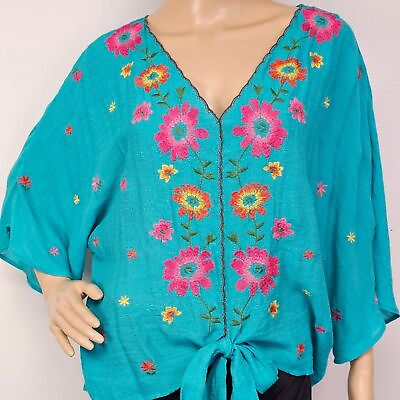 #ad Umgee. Turquoise Top Boho Blouse Floral Embroidered Tie Front 3 4 Sleeve. Small $16.00