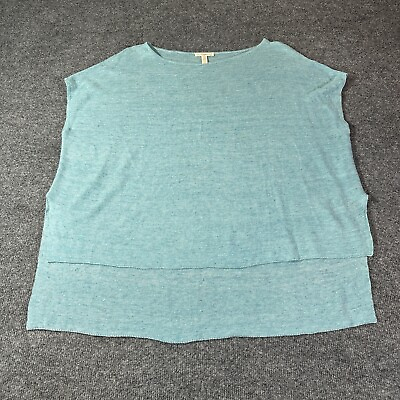#ad Eileen Fisher Shirt Womens Small Blue Boxy Fit Light Linen Short Sleeve Blouse S $28.98