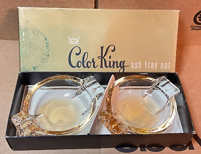 #ad Vintage COLOR KING Ash Tray Set FEDERAL GLASS #402 Tangerine Original Box $19.99