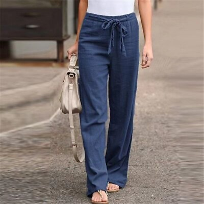 #ad Loose Trousers Large Size Linen Wide Women#x27;s Clothing New Elastic Waist $15.09