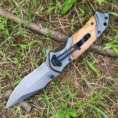 #ad Outdoor Folding Pocket Knife with Wooden w Stainless Steel Handle for Camping $11.95