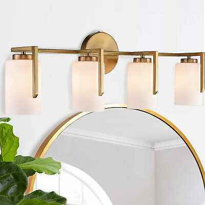 #ad Farmhouse Gold Vanity Light for Bathroom 4 Light Over Mirror Opal Glass Cylinder $139.99