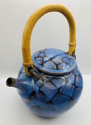 #ad Tracy Dotson Studio Art Pottery Blue Fish Scale Teapot With Wooden Handle Signed $189.00