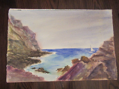 #ad Vintage original Hand painted watercolor painting seaside landscape 1970s 22x15 $55.00
