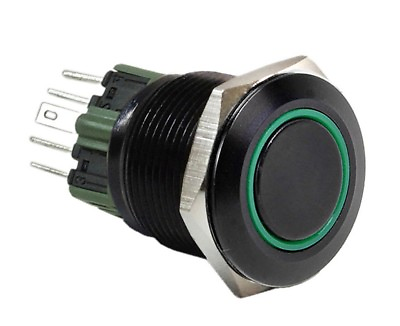 25mm Black Stainless Push Button GREEN Halo LED On Off Light Switch $13.99