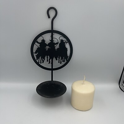 #ad Western 3 Cowboys Black Metal Art Frame Wall Hanging Candle Holder w Candle $19.99