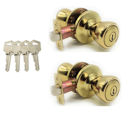 #ad 2 PACK Keyed Alike Entry Door Knob Lock Set Polished Brass With 4 Keys $27.99