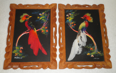 #ad Vintage Carved Wood Framed Mexican Feather Art Feathercraft Bird Picture Pair $20.00