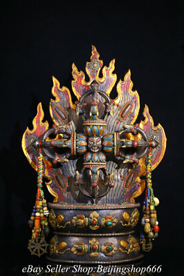 #ad 22quot; Old Tibet Tibetan Meteoric iron Painting Gems Phurba Dagger Holder Statue $2940.00