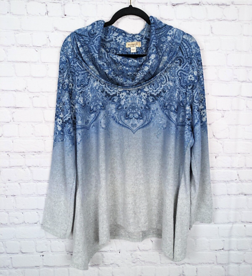 #ad One World Knit Blouse Womens Size 1X Blue Gray Floral Cowl Neck Asymmetrical Hem $22.95