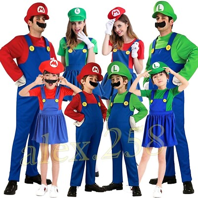 #ad Mens Women Adult Kids Super Mario Luigi Bros Cosplay Fancy Dress Outfit Costume $18.39