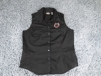 #ad Harley Davidson Shirt Womens Large Black Sleeveless Button Up Rhinestone Patch $26.95