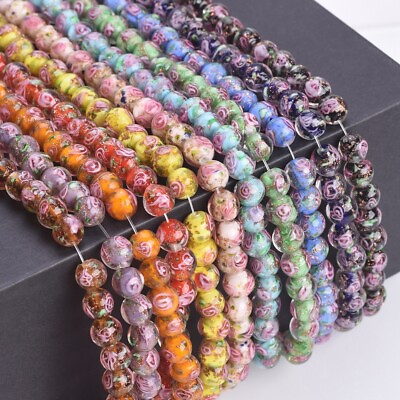 10pcs 8mm Round Handmade Flower Foil Lampwork Glass Loose Beads For DIY Jewelry $2.98