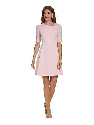 #ad DKNY Womens Pink Lined Princess Seams Elbow Sleeve Fit Flare Dress 14 $50.99