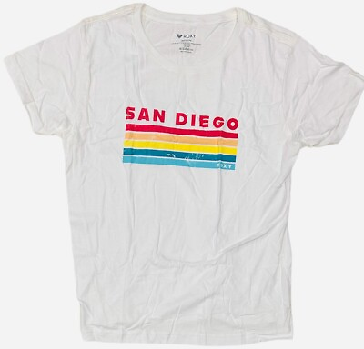 #ad Roxy Women#x27;s Distressed Graphic San Diego Rainbow Relaxed Boyfriend Tee T Shirt $14.99