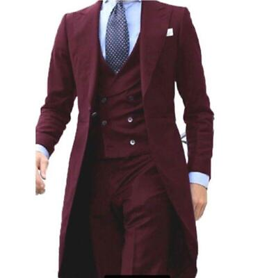 #ad 3PC New Mens Long Coat Tuxedo Set JacketVestPants Hot Business Wedding Chic $118.35