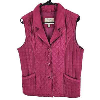 #ad Cabelas Quilted Vest Womens Medium Pink Lined Button Front Pockets Filled $16.95