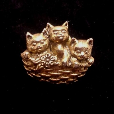 #ad Vintage Cat In A Basket Lapel Tact Pin Brooch Brush Gold Tone 1.25quot; H X .75quot; W $13.00