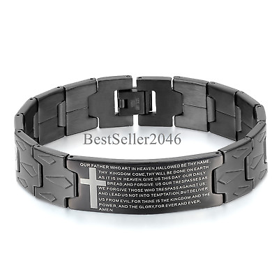#ad Black English Lords Prayer Our Father Cross Stainless Steel Mens Bracelet 8.3quot; $9.99