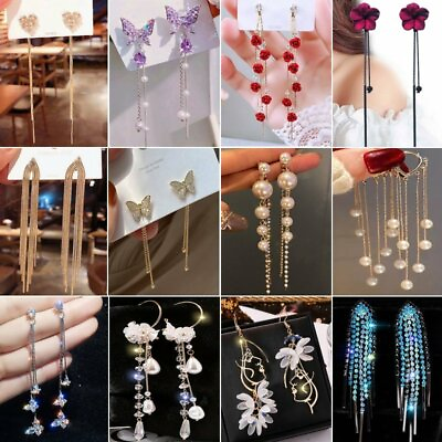 Fashion Long Tassel Zircon Crystal Earrings Stud Pearl Drop Dangle Women Jewelry C $2.81