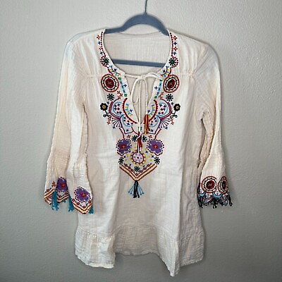 #ad Boho Multicolor Embroidered Tassel Flare Sleeve Blouse Tie Front Tunic Flowy S $13.99