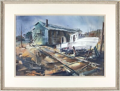#ad Vintage Framed Watercolor Painting on Paper Landscape with House Artist Signed $275.00