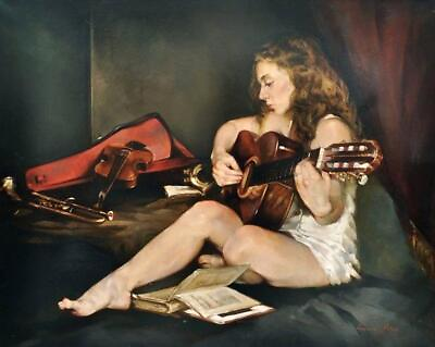 #ad 36quot;Modern Handpainted High Quality Art Oil Painting Beauty with guitar On Canvas $84.00