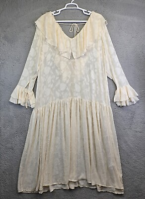 #ad Hamp;M Dress Womens XL Cream Maxi Chiffon Ruffle Bell Sleeve Oversized Floral Flowy $24.98