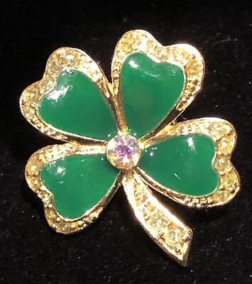 #ad Brass Enamel Four Leaf Lucky Clover Rhinestones Brooch Pin $9.59