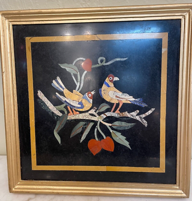 #ad Magnificent Pietra Dura Mosaic Plaque W Precious Stones Inlay Birds on tree $300.00