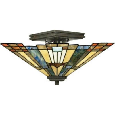 #ad 2 Light Small Semi Flush Mount Tiffany Mission Style Ceiling Light $201.95