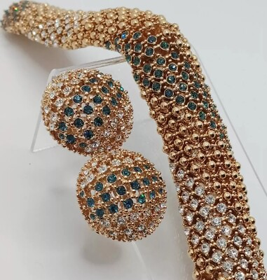 #ad Vintage Nolan Miller Gold Tone Blue White Rhinestone Bracelet amp; Clip Earrings $149.00