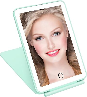 #ad Green LED Travel Makeup Mirror with Dimmable Lighting Compact Slim Rechargeable $16.95