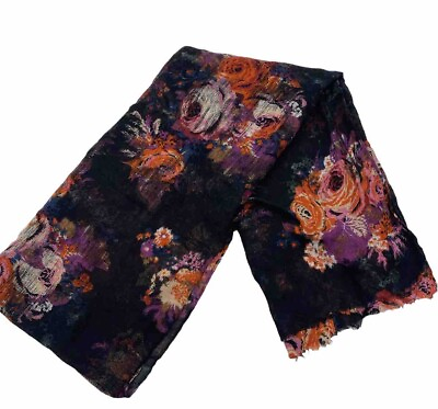 #ad Womens Scarf Scarves Fashion Black Orange Floral Rectangle Size 30x76” Used $4.99